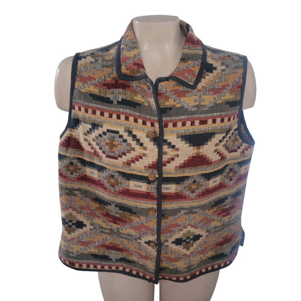 Shaver Lake Women Southwest Patterned Button Front Sleeveless Vest L tapestry